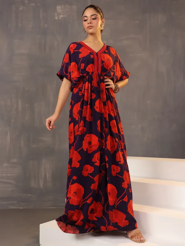 Floral printed purple silk desinger suit
