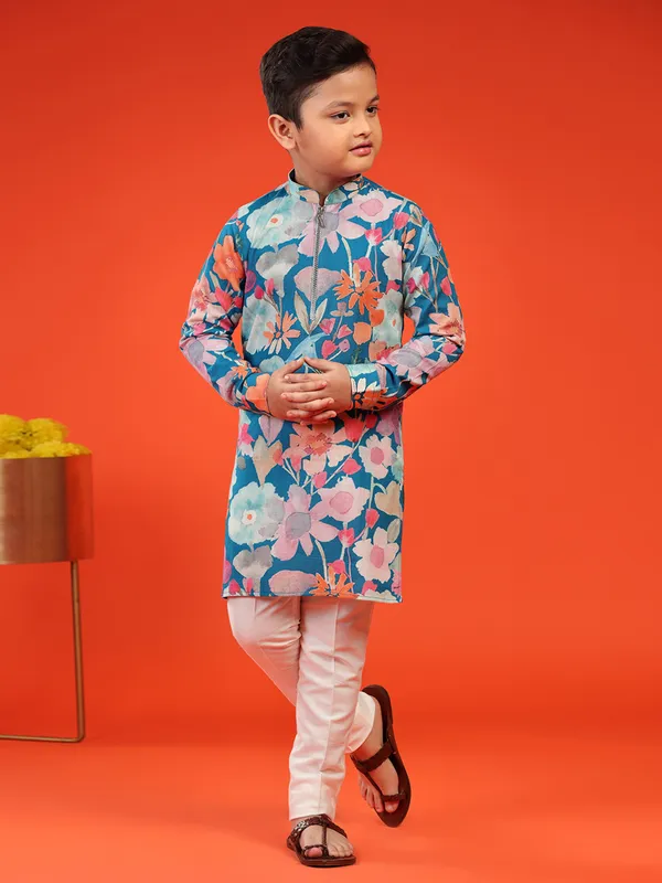 Floral printed rama blue kurta suit