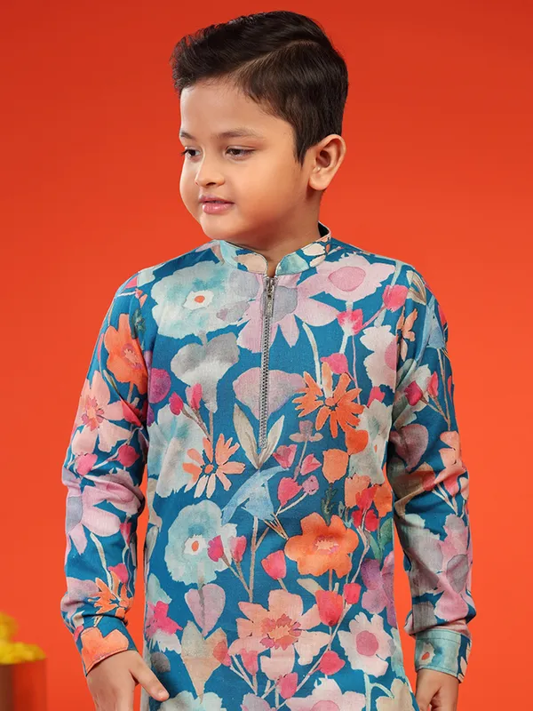 Floral printed rama blue kurta suit