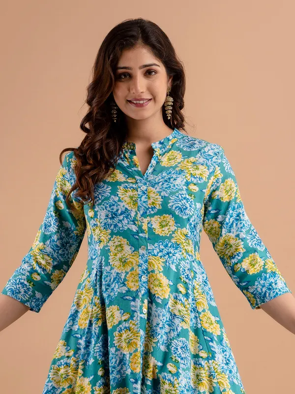 Floral printed rama green cotton kurti