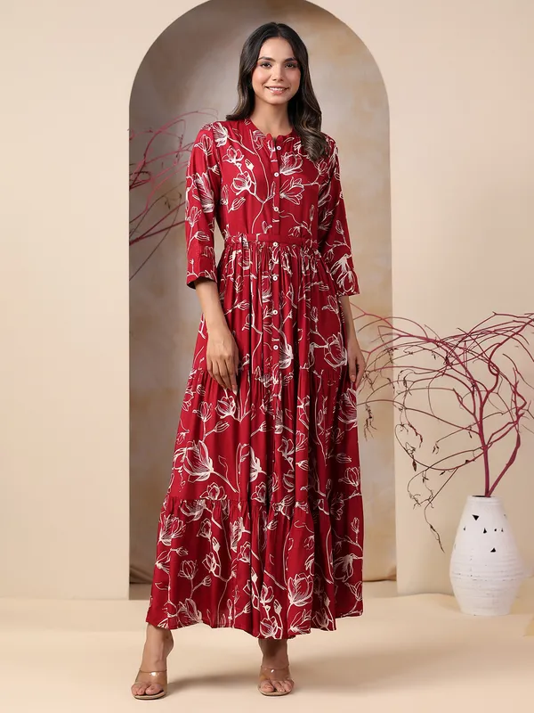 Floral printed rayon cotton maroon kurti