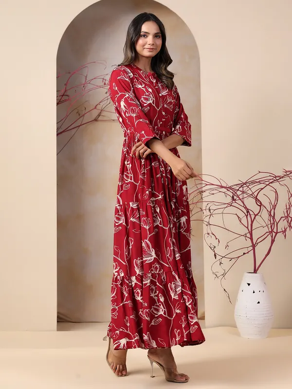 Floral printed rayon cotton maroon kurti