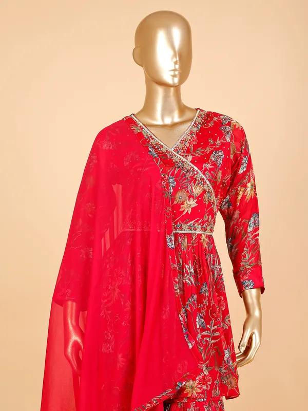 Floral printed red sharara suit with dupatta