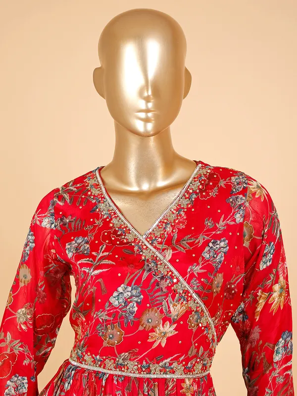 Floral printed red sharara suit with dupatta