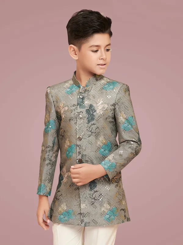 Floral printed silk grey indowestern