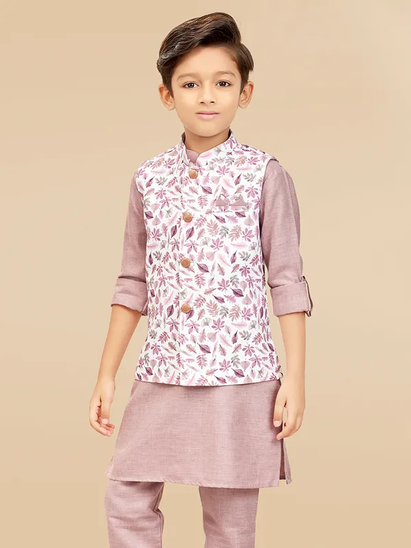 Floral printed silk light wine waistcoat set for boys