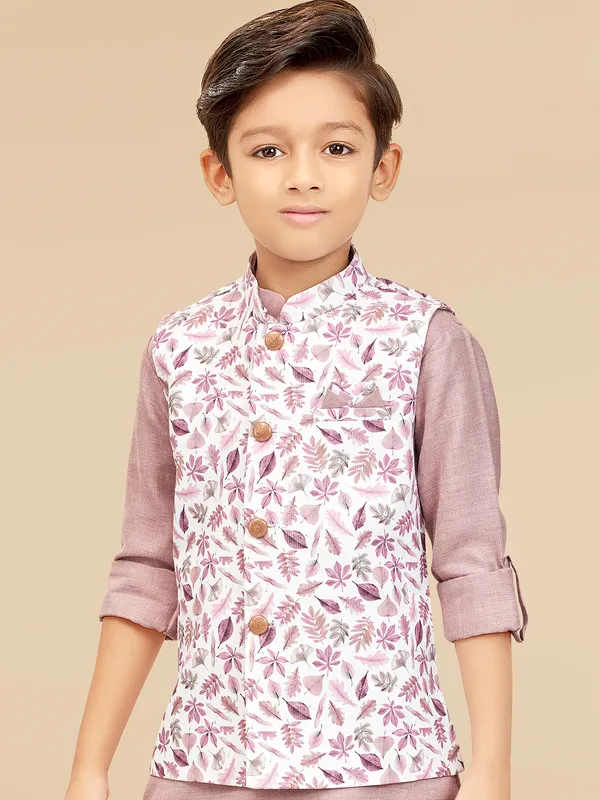 Floral printed silk light wine waistcoat set for boys