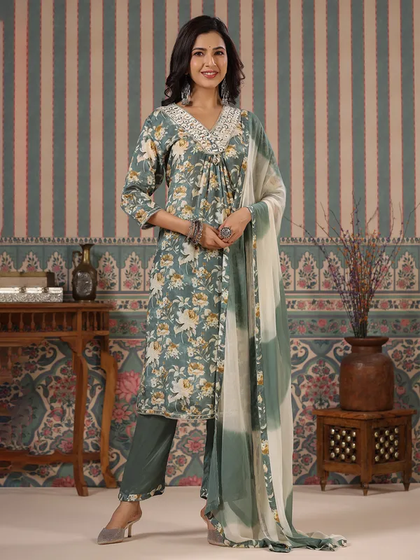 Floral printed soft silk green shaded kurti set