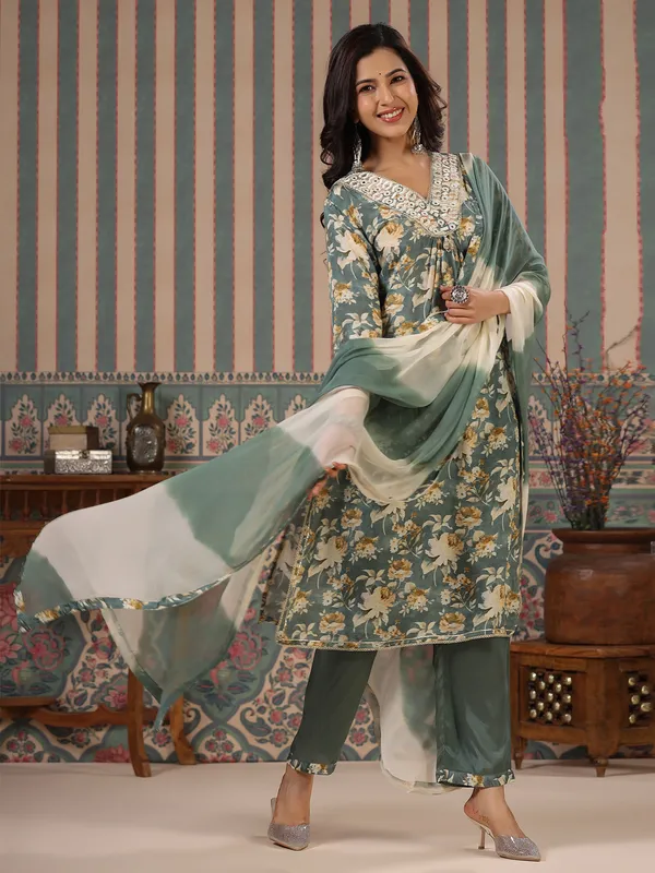Floral printed soft silk green shaded kurti set