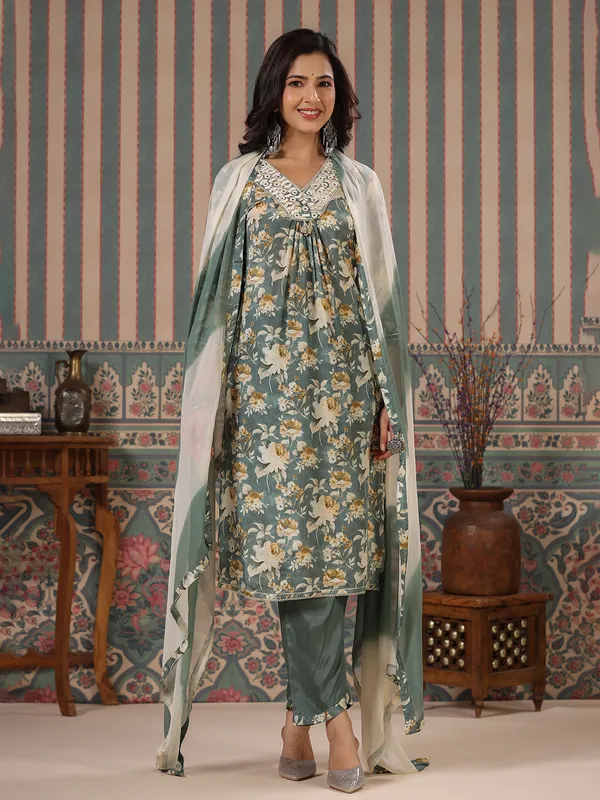Floral printed soft silk green shaded kurti set