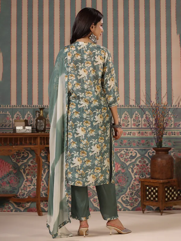 Floral printed soft silk green shaded kurti set