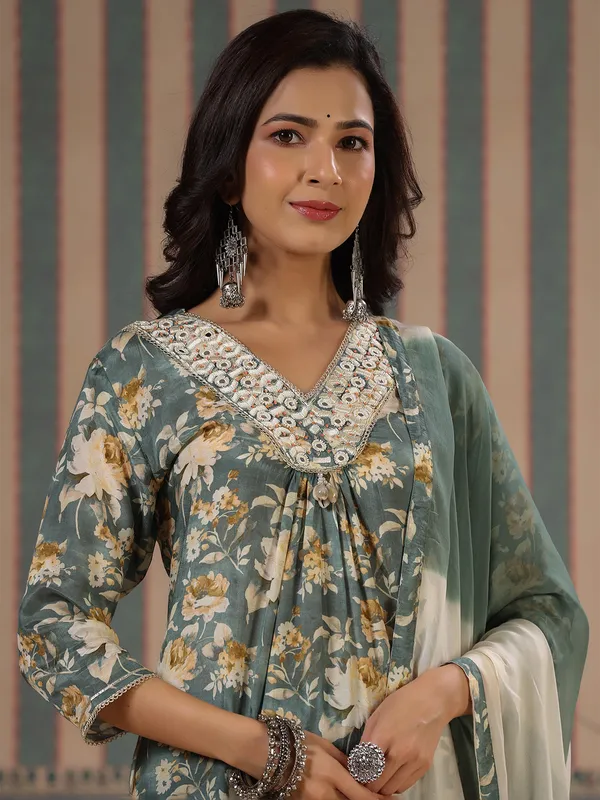 Floral printed soft silk green shaded kurti set