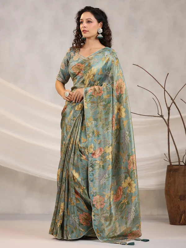 Floral printed stone blue saree