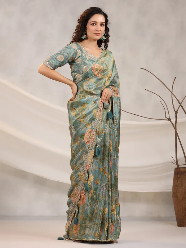 Floral printed stone blue saree