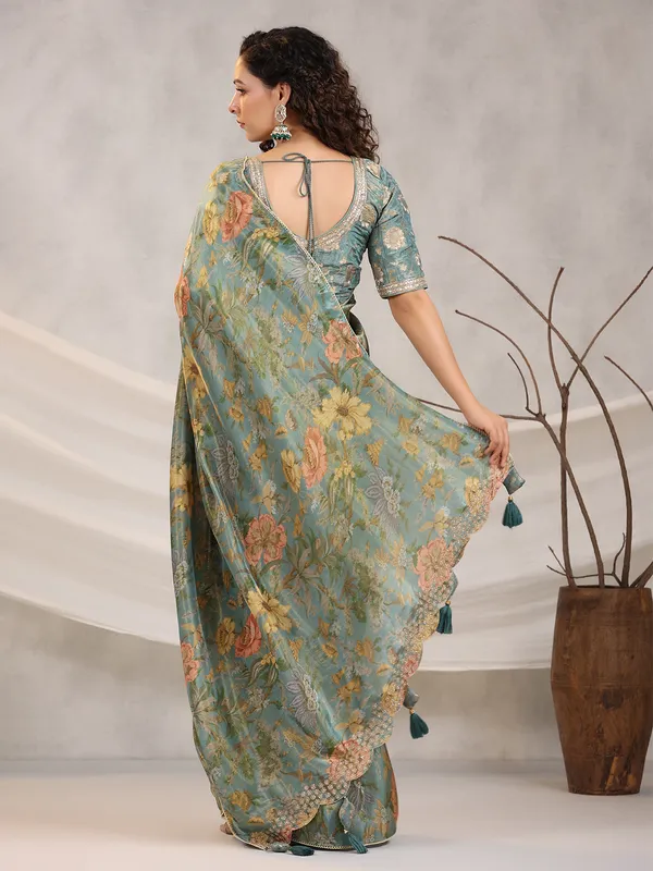 Floral printed stone blue saree