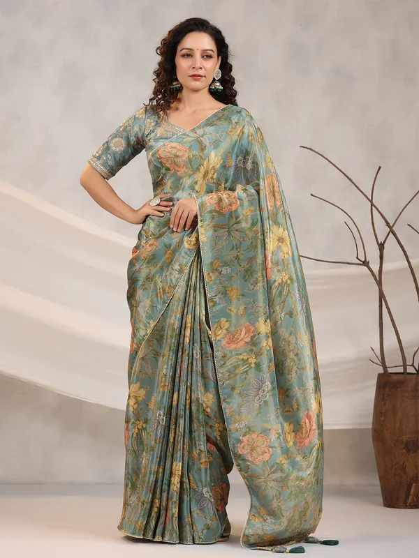 Floral printed stone blue saree