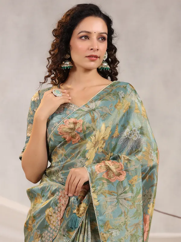 Floral printed stone blue saree