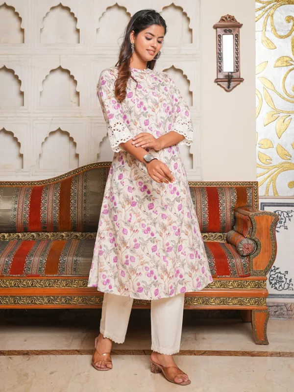 Floral printed white and pink kurti