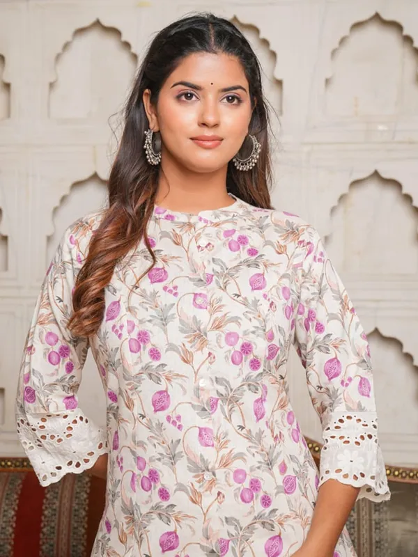 Floral printed white and pink kurti