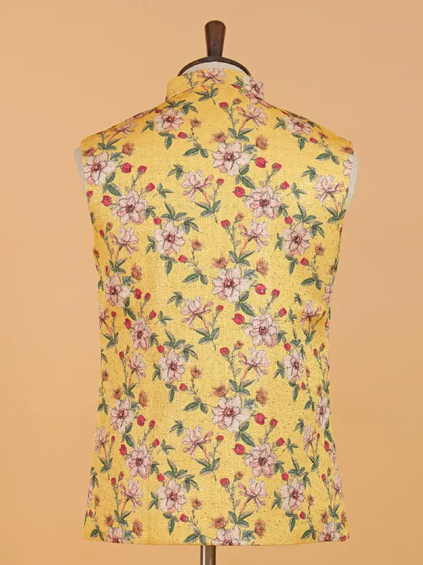 Floral printed yellow cotton silk waistcoat
