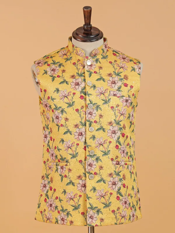 Floral printed yellow cotton silk waistcoat
