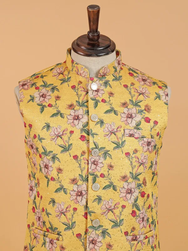 Floral printed yellow cotton silk waistcoat