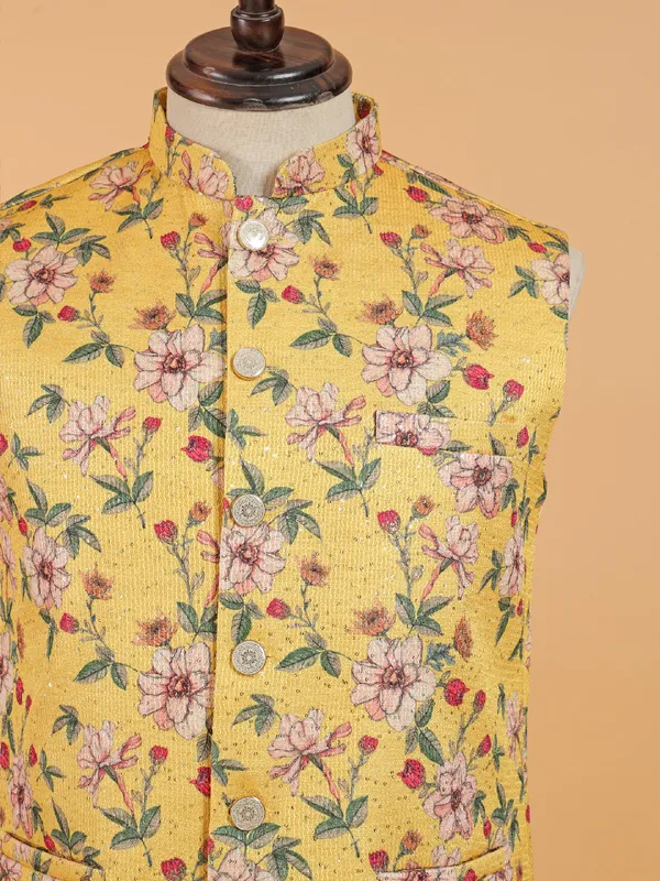 Floral printed yellow cotton silk waistcoat