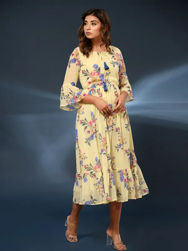 Floral printed yellow georgette dress