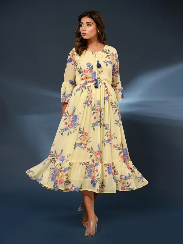 Floral printed yellow georgette dress