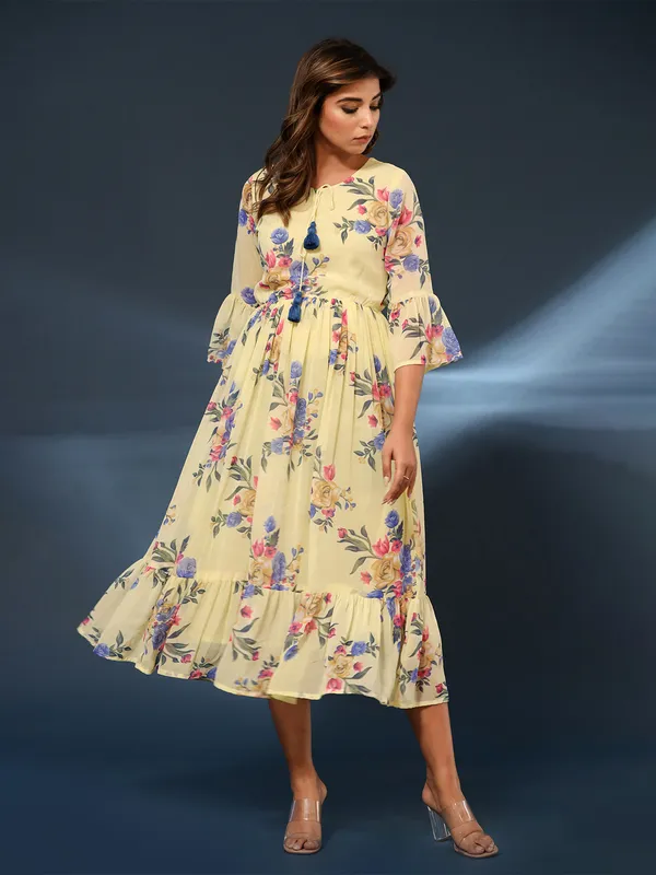 Floral printed yellow georgette dress
