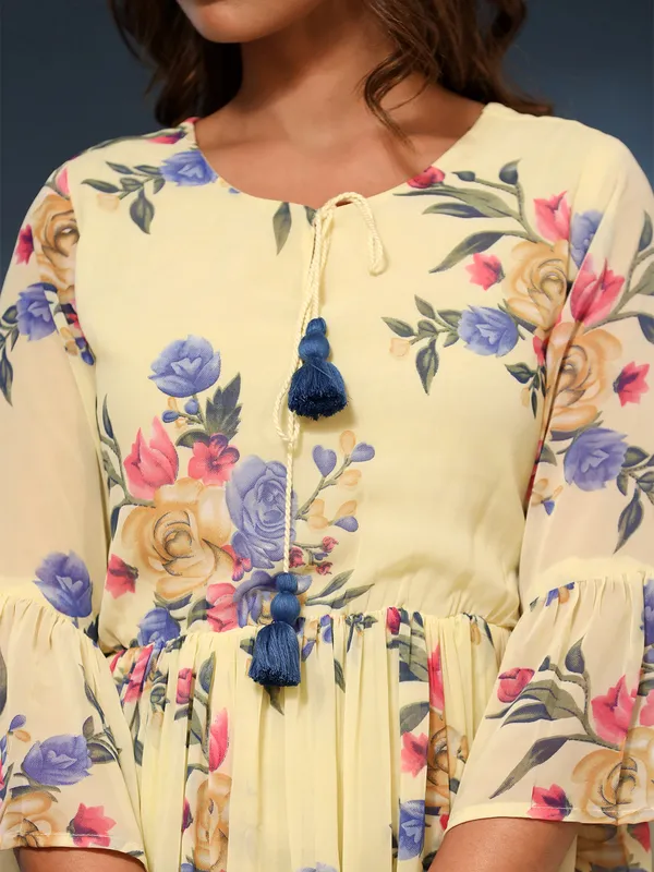 Floral printed yellow georgette dress