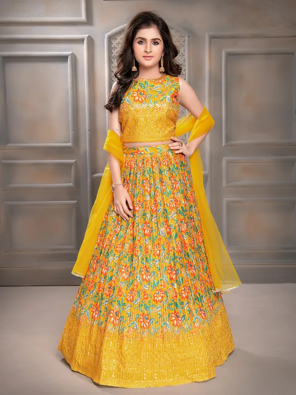 Floral printed yellow lehenga choli in silk