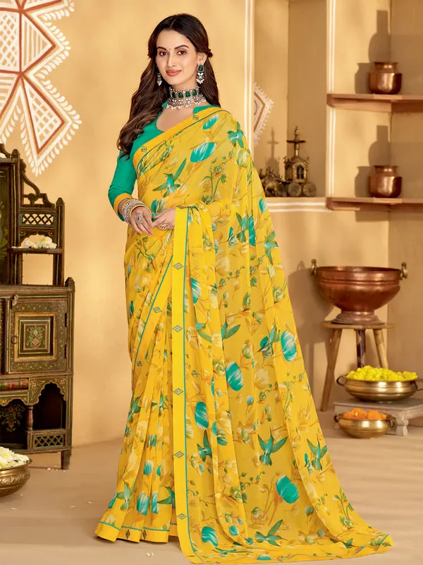 Floral printed yellow saree in georgette
