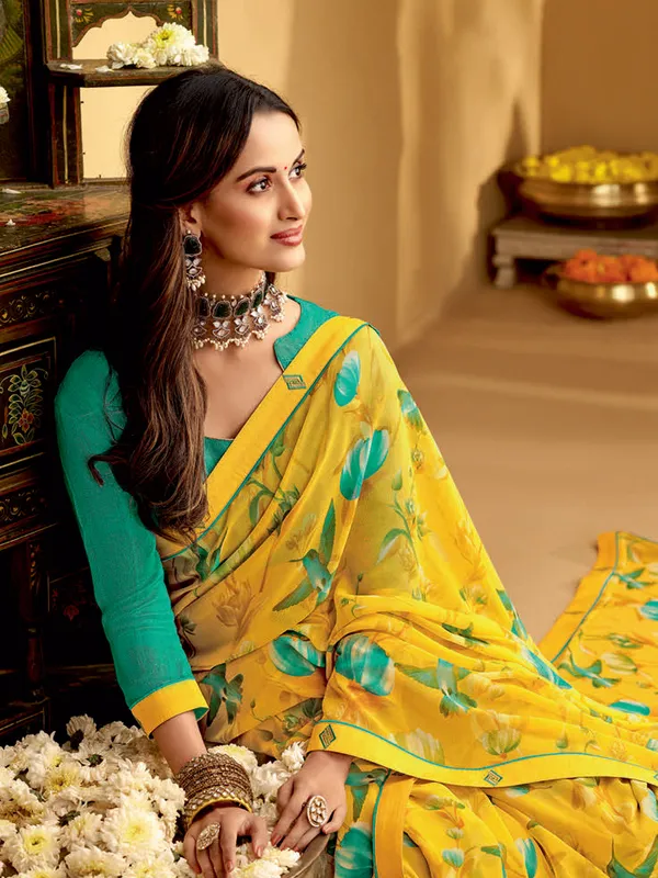 Floral printed yellow saree in georgette