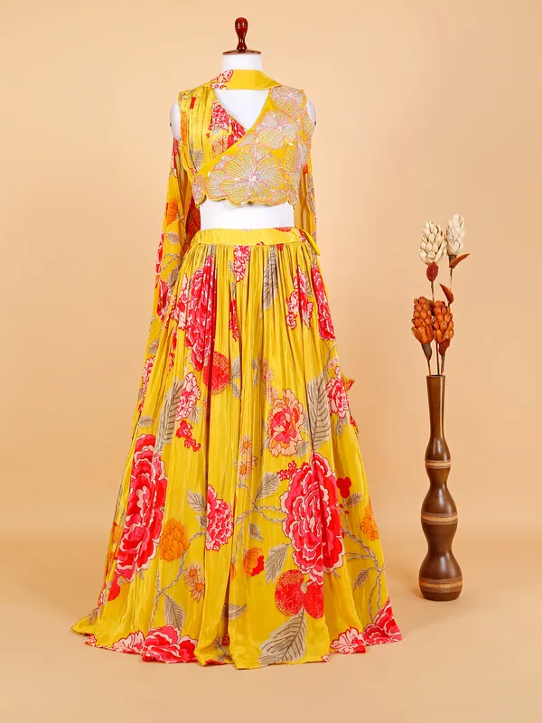 Floral printed yellow silk lehenga choli