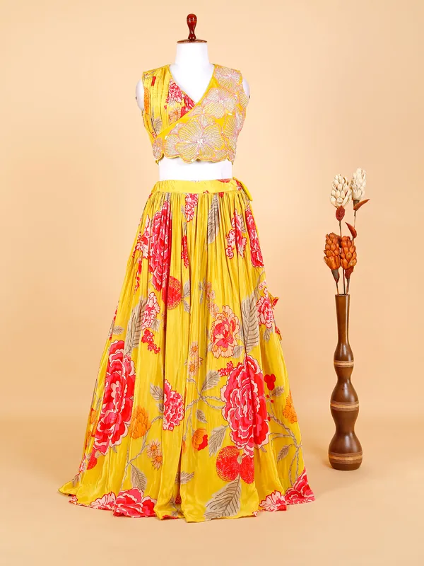 Floral printed yellow silk lehenga choli
