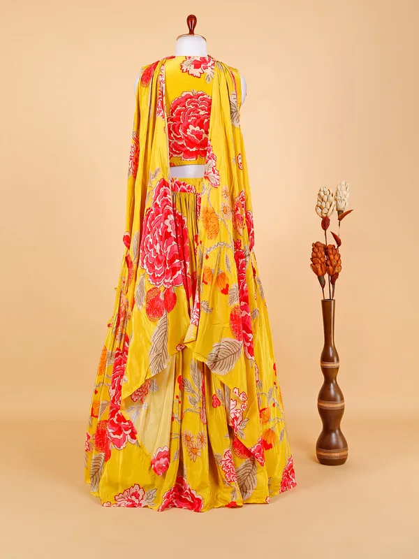 Floral printed yellow silk lehenga choli