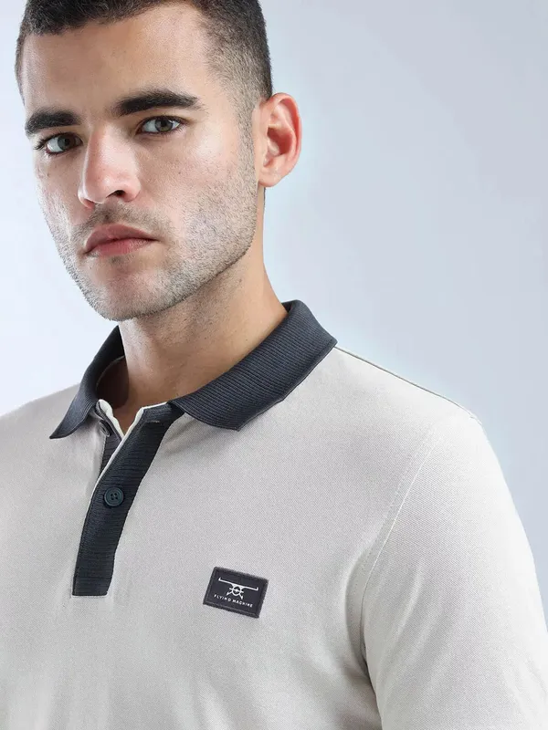 FLYING MACHINE beige plain cotton polo t-shirt
