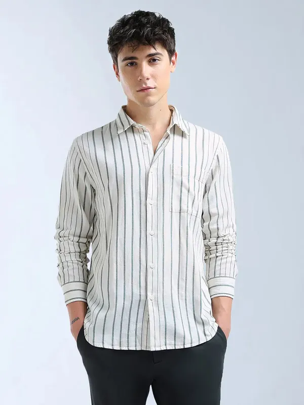 FLYING MACHINE beige striped cotton casual shirt