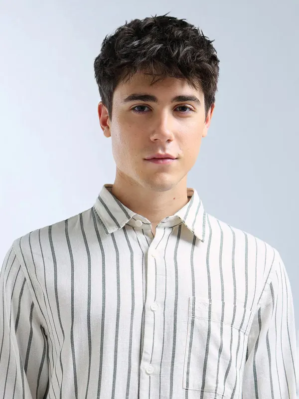 FLYING MACHINE beige striped cotton casual shirt