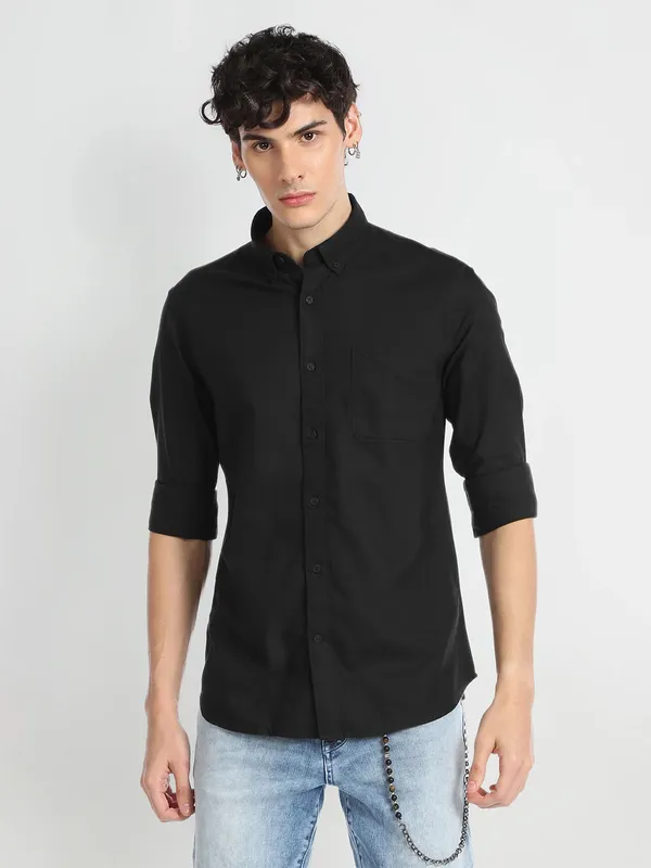 Flying Machine black plain slim fit shirt