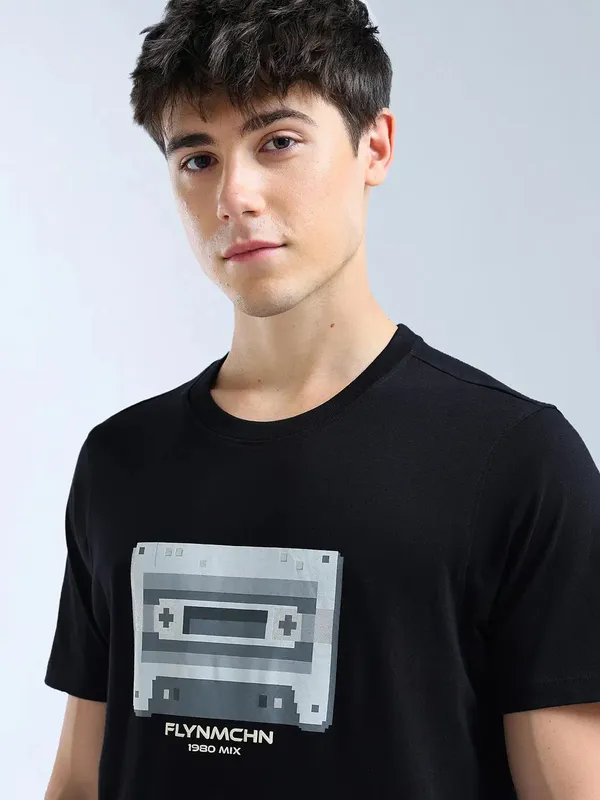 FLYING MACHINE black printed cotton slim fit t-shirt
