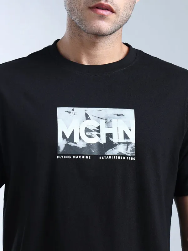FLYING MACHINE black printed cotton slim fit t-shirt for men