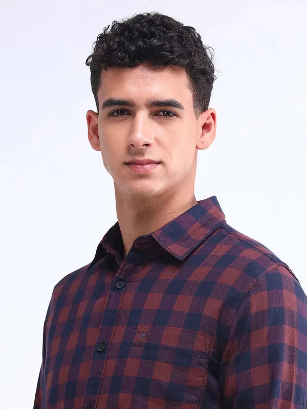 FLYING MACHINE blue and brown cotton shirt