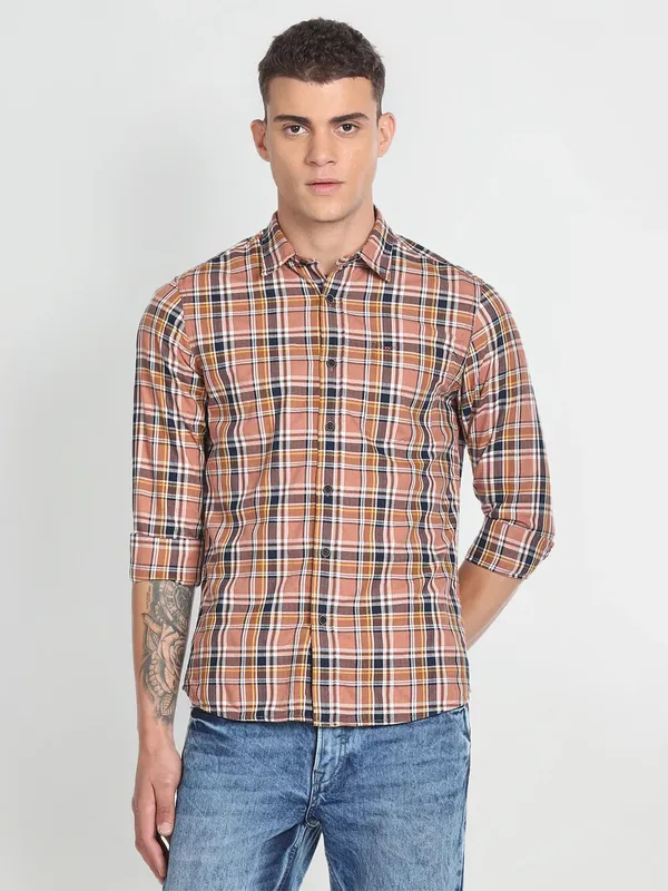 Flying Machine checks cotton peach shirt