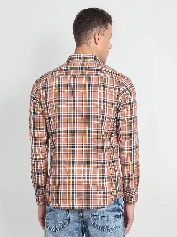 Flying Machine checks cotton peach shirt