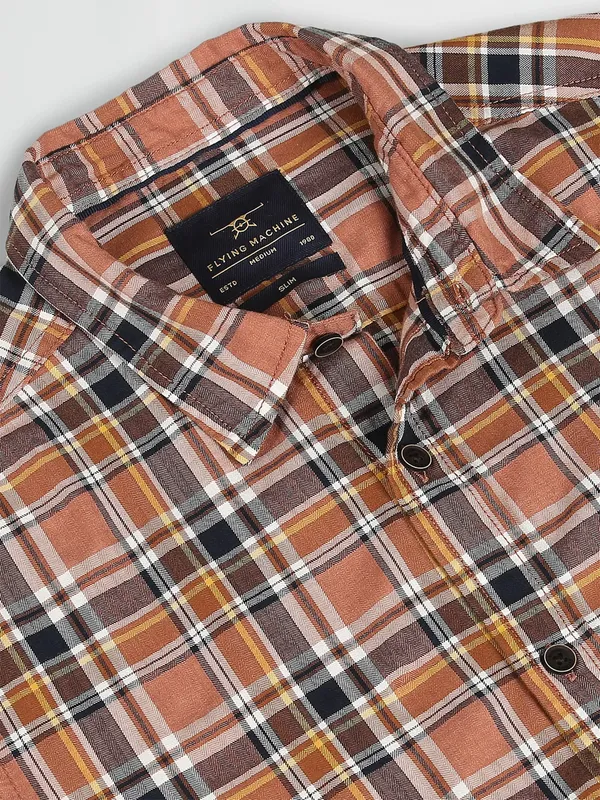 Flying Machine checks cotton peach shirt