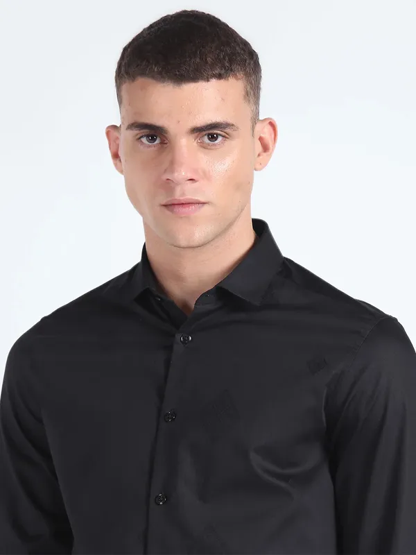 Flying Machine cotton black plain shirt