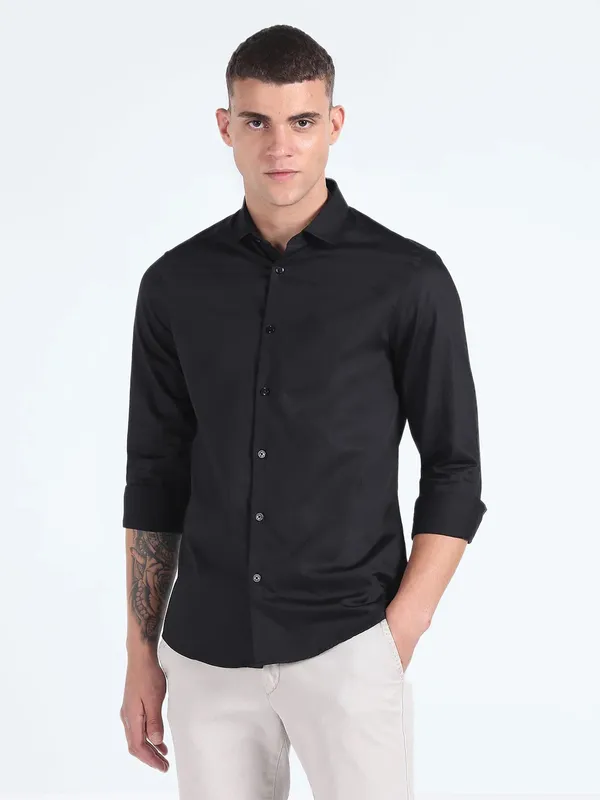 Flying Machine cotton black plain shirt