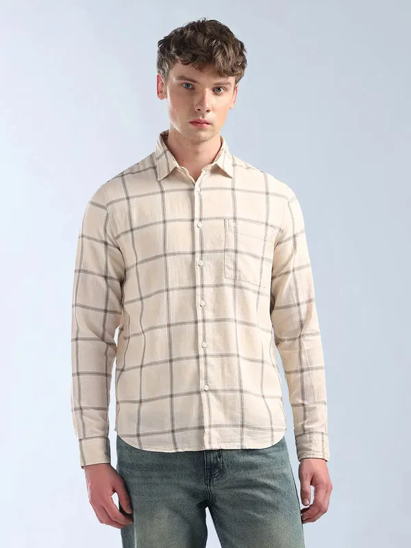FLYING MACHINE cream checkered casual shirt